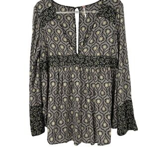 Free People Womens Black White Geometric Floral Babydoll Top Long Sleeve Size M